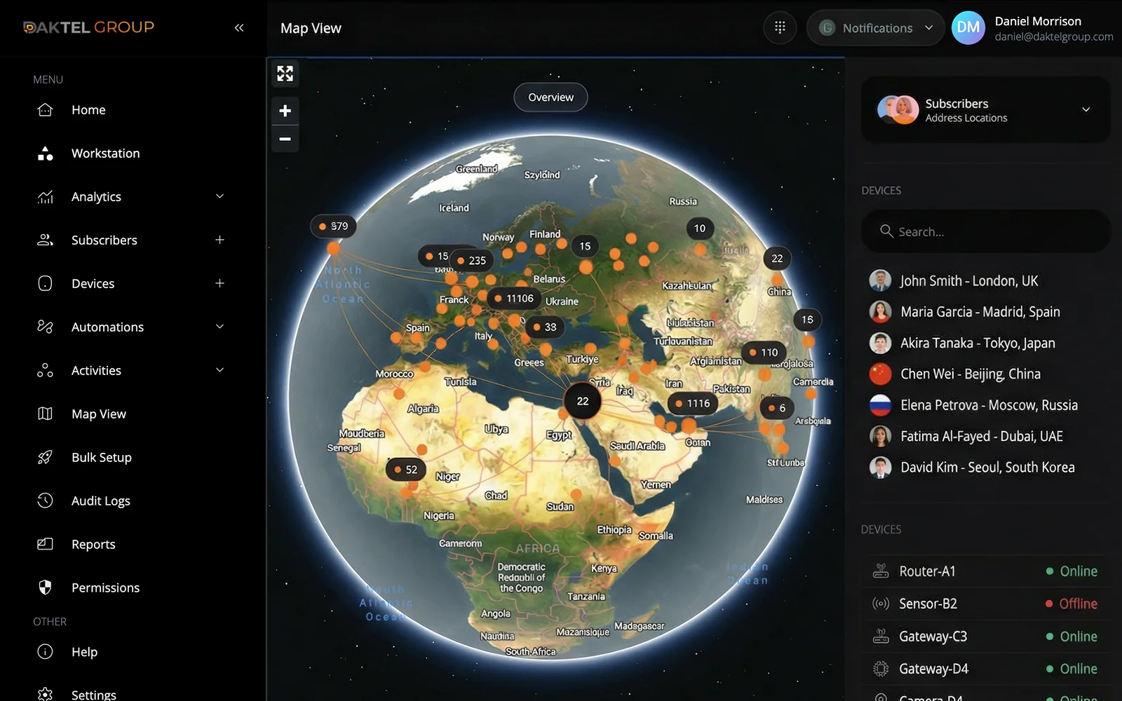 Daktel Cloud – operations map, every home on one screen