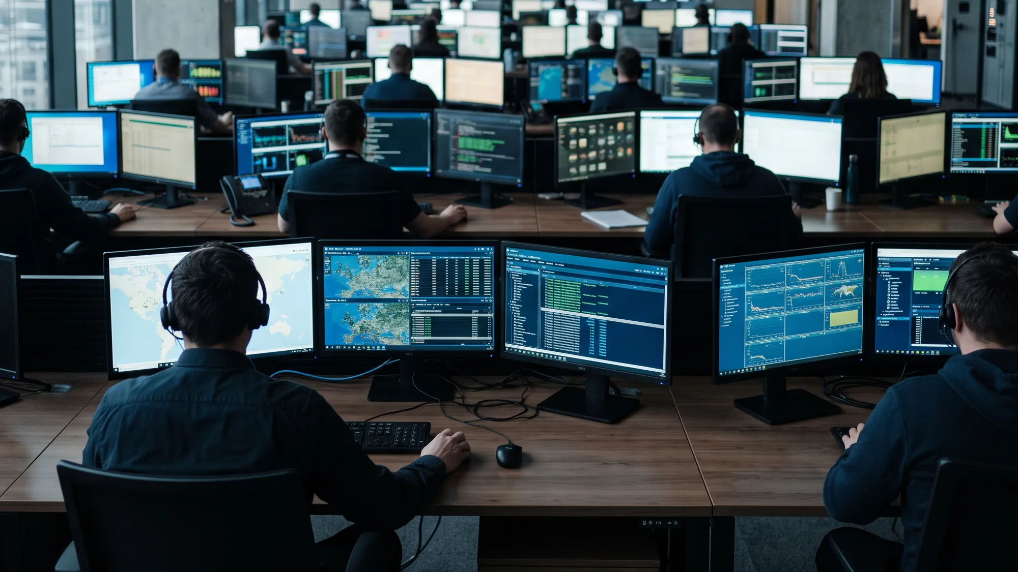 An operator at a monitoring-center desk