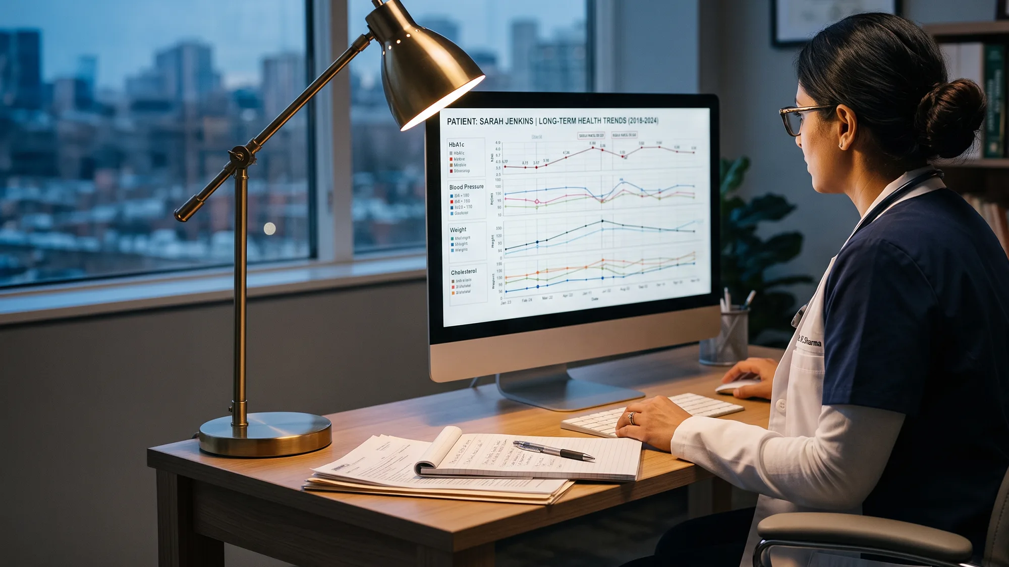 A clinician reading a long-term health trend on screen