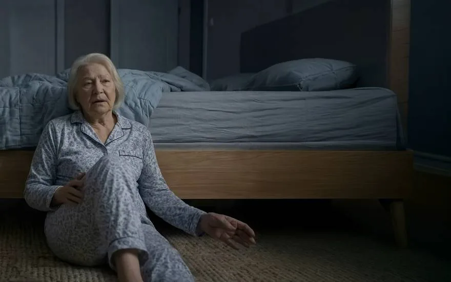 Mrs. Smith on the floor beside her bed