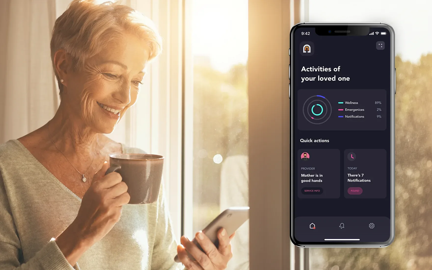 Morning – a family member reviews the night report in the Daktel app, coffee in hand