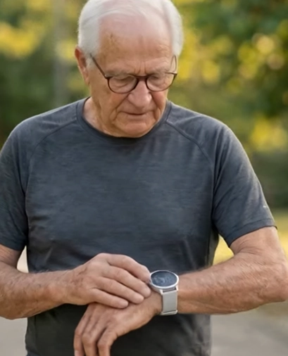 A man on his daily walk, checking the X10 watch