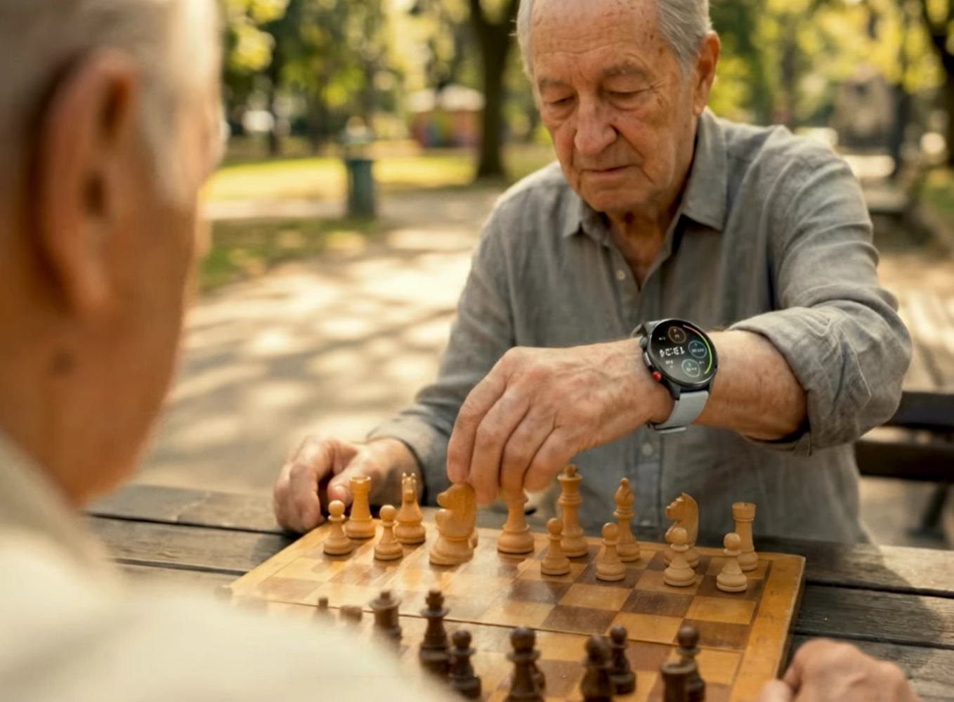 A game of chess in the park, the X10 on his wrist